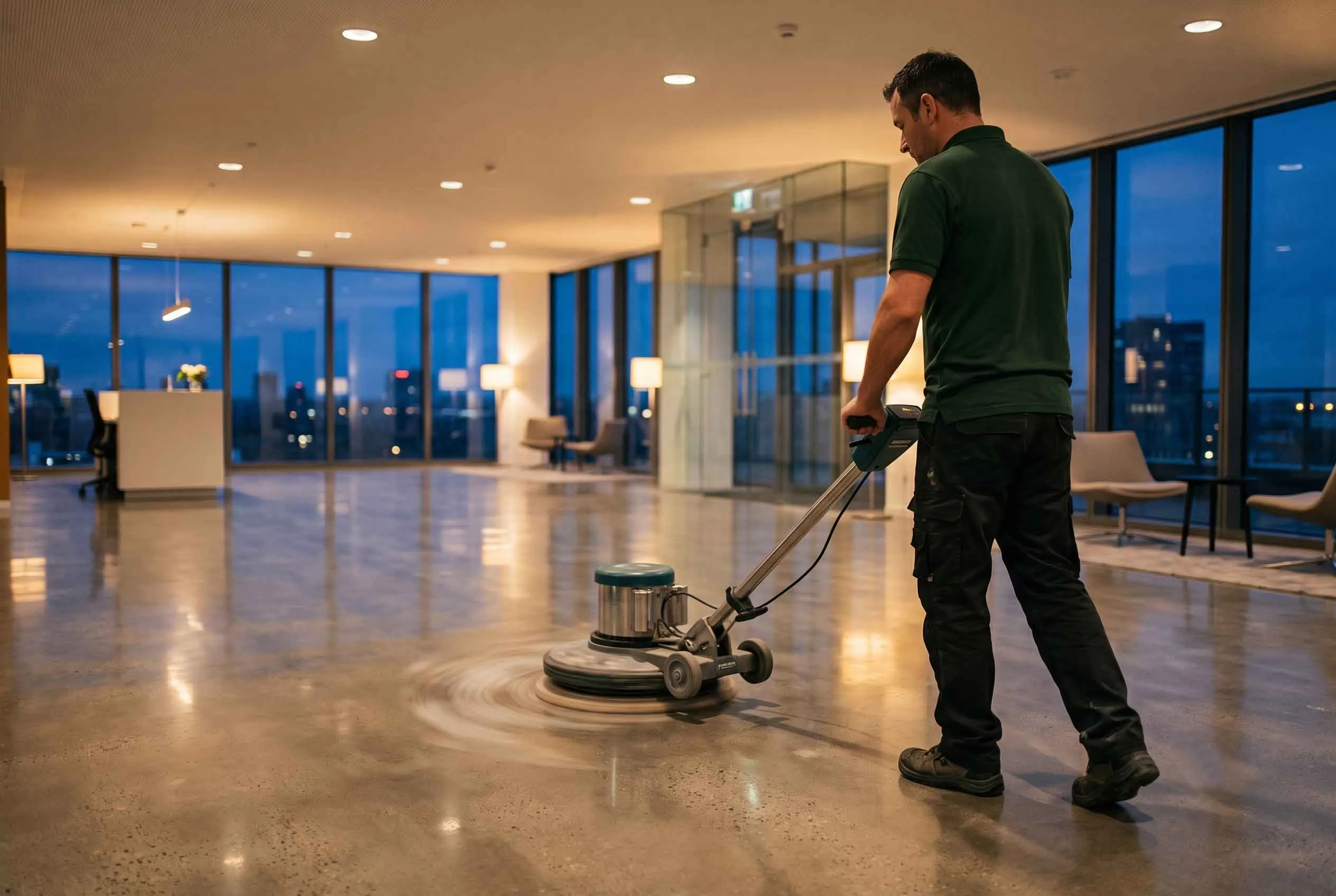 Contractor operating a floor machine in an office